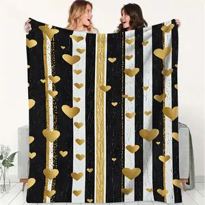 Elegant Black and White Striped Flannel Blanket with Golden Hearts, Soft Throw Blanket for Home Decor, Cozy Office Warmth, Ideal for Camping and Travel, Perfect Gift for Any Occasion!