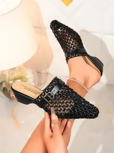 Women's Braided Mesh Mules, Pointed Toe Low Heel Slip-On Sandals, Breathable Buckle Design, Perfect for Summer Casual Wear