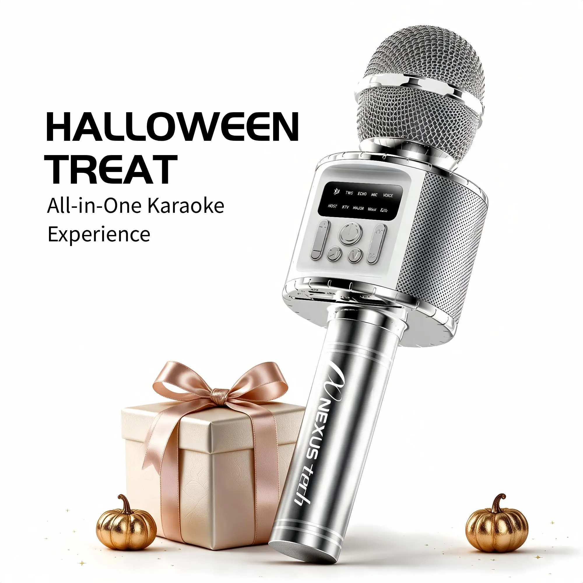 Q9 Pro Mobile Karaoke Microphone with Speaker & Voice Changer, Wireless Bluetooth Mic for Halloween Parties, Karaoke Nights, Birthdays & Holiday Gifts, Silver