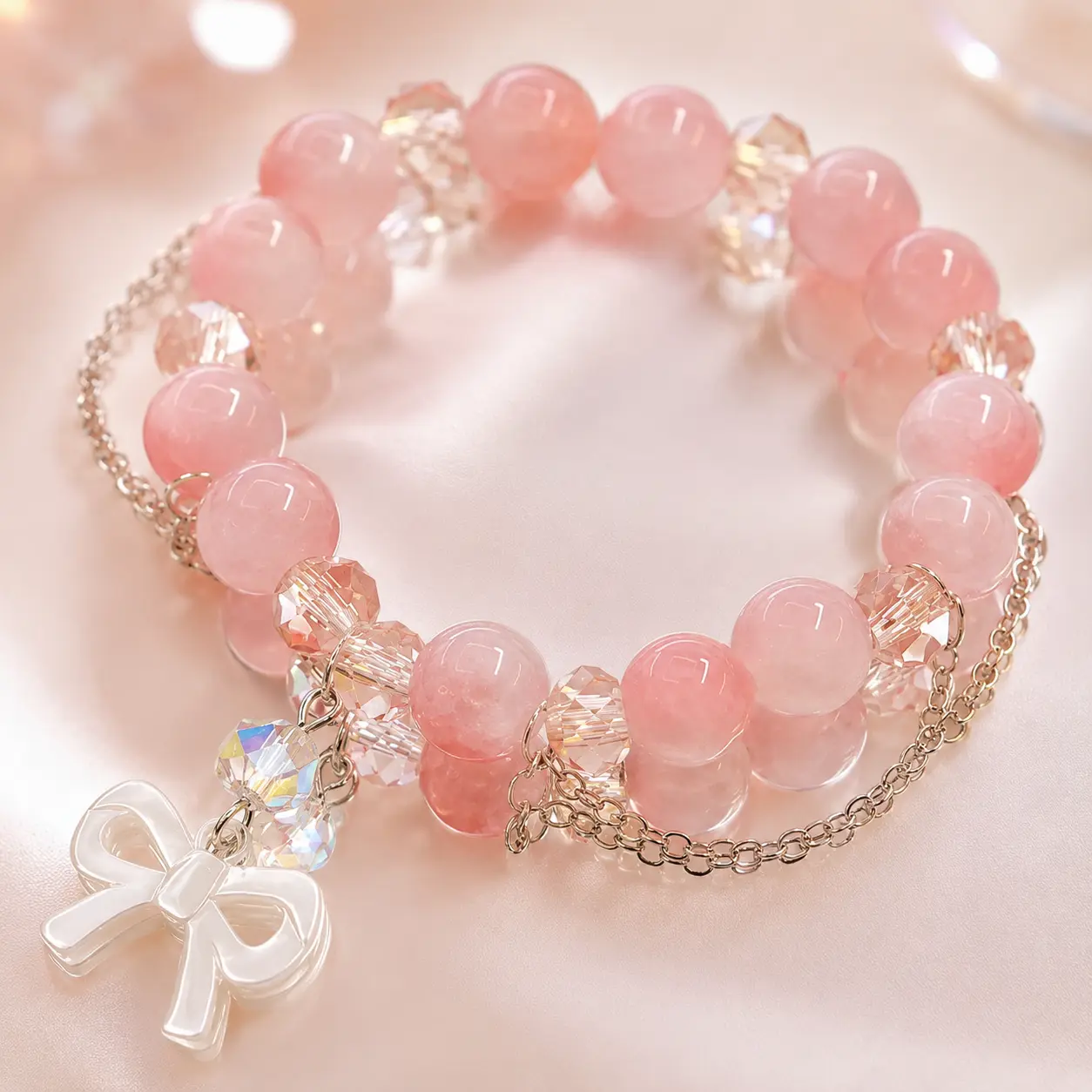 Kawaii Bow Charm Bracelets for Women, Pink Crystal Beading with Stretch Fit, Daily Casual Jewelry Gift