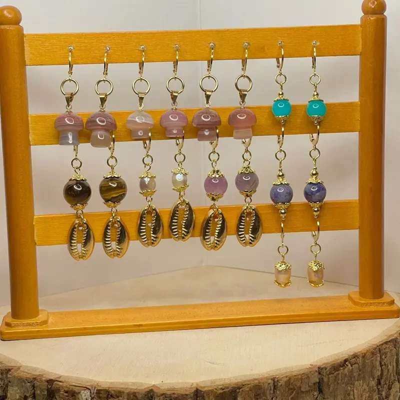 Genuine Crystal Dangly Earrings - Gold Stainless Steel Ear Crystals with Carnelian, Rose Quartz, Rainbow Moonstone for Cancer Healing, Balance, Casual