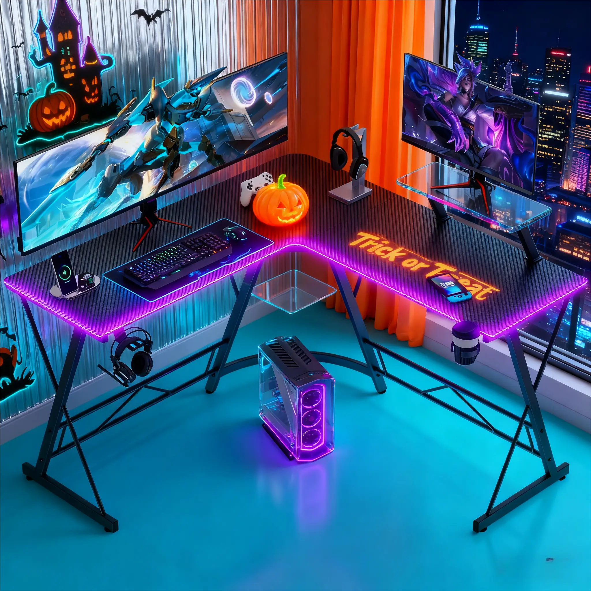 【Great Gift】Mr IRONSTONE gaming desk with led lights, gamer desk with cup holder and headphone hook, L Shaped Gaming Desk Corner Computer Desk,black computer desk tables,corner desk,space-saving tables & desks,work from home desk