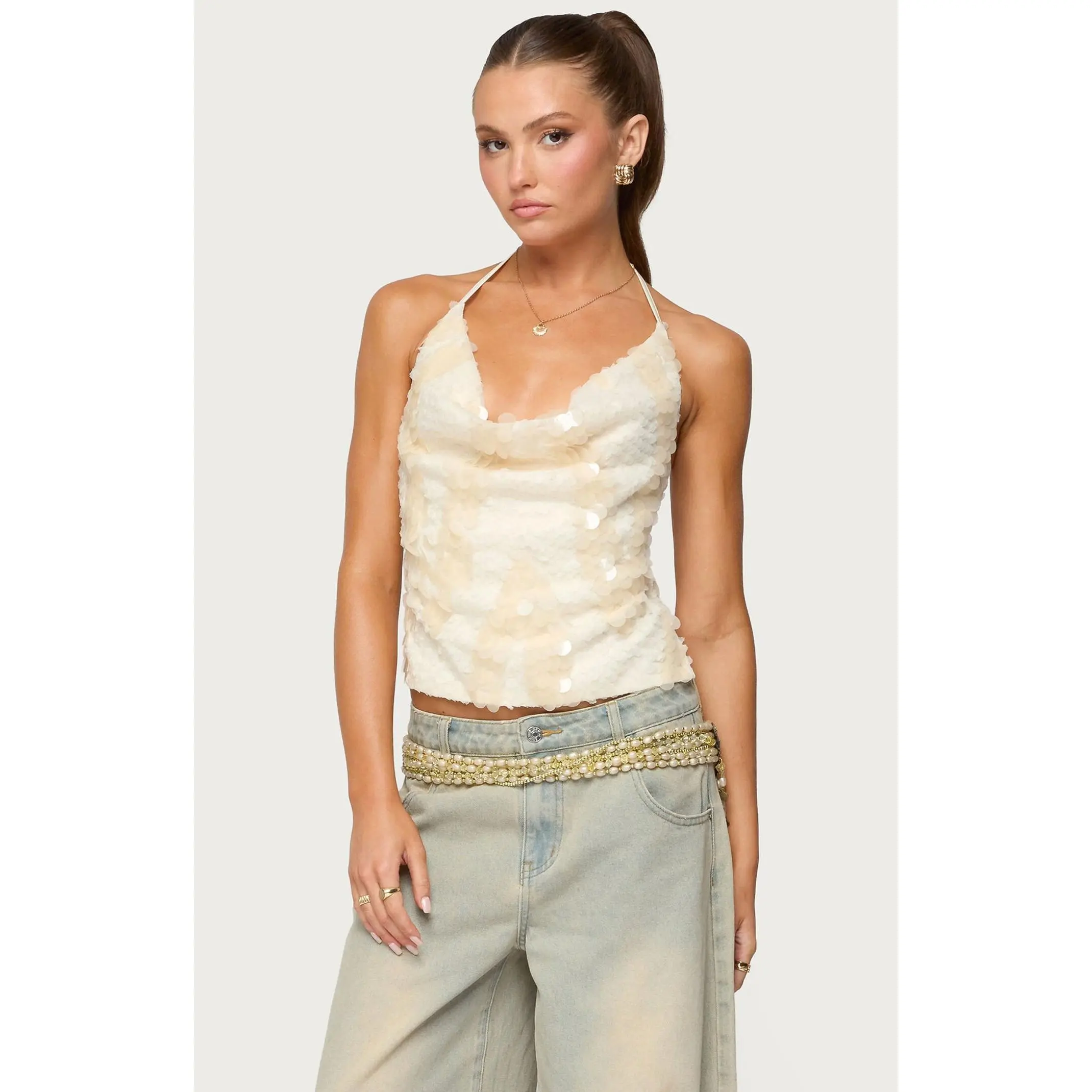 Edikted Women's Reid Backless Sequin Cowl Neck Top