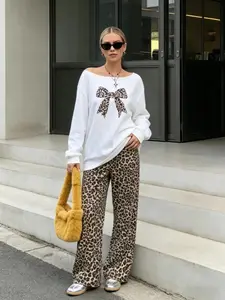 'Leopard Print Bow Two Piece Set' Y2K Streetwear Outfit / TikTok Viral Oversized Sweatshirt & Wide Leg Pants Set / 2026 Fashion Trend Aesthetic Matching Set / Comfy Casual Daily Outf