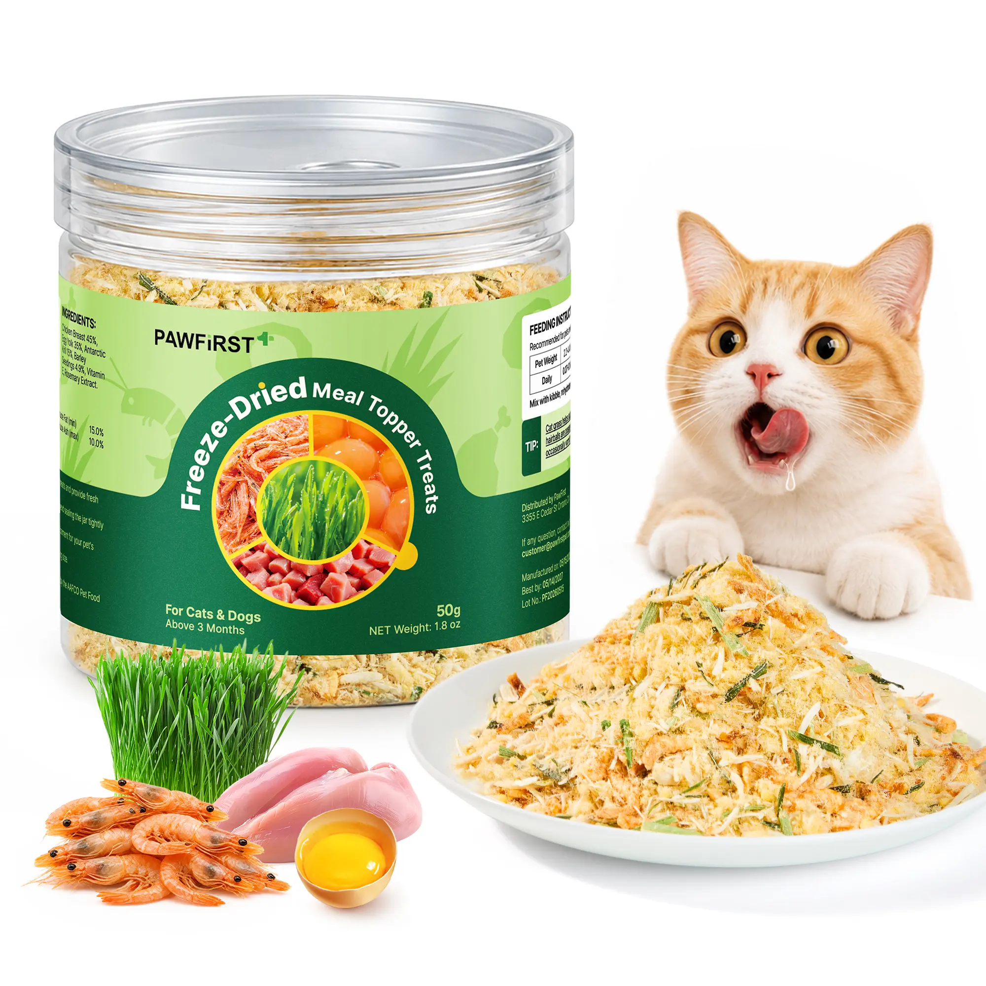 Pawfirst Freeze Dried Cat Food Toppers Cat Grass Treats for Picky Eaters, 4-in-1 Chicken Egg Yolk Antarctic Krill Cat Toppers for Food, Hairball Control Shiny Coat Omega 3 Freeze Dried Cat Grass Cat Treats for Indoor Cats