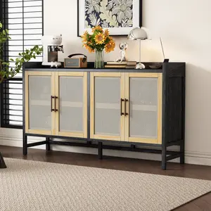 [SOIYELIFE] TREXM Sideboard Rustic Buffet Cabinet, sideboard cabinet with Decorative Rattan Doors, Buffet Cabinet with Storage for Entryway Dining Room Kitchen Living Room, Black+Natural
