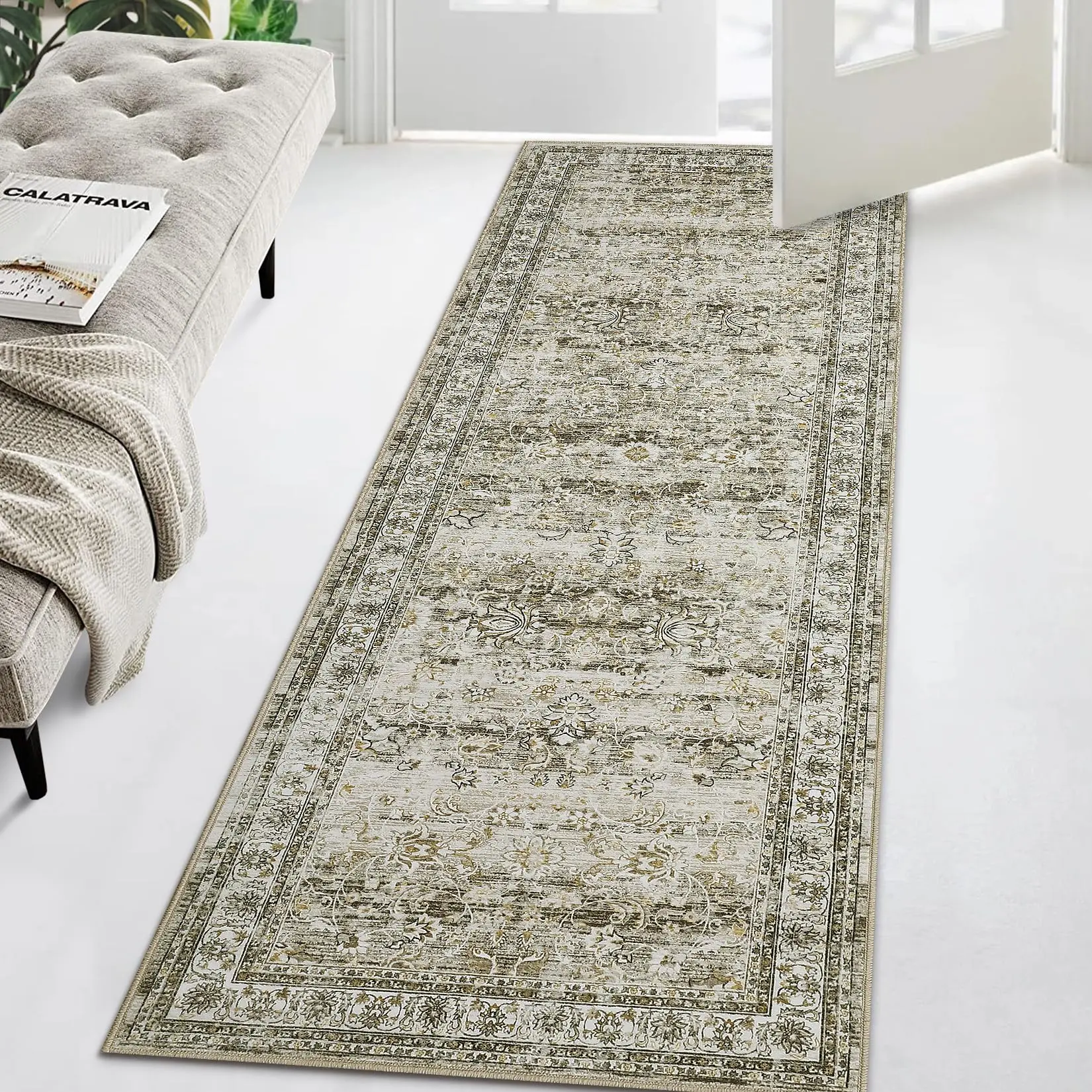 【GARVEE】Runner Rug 2x6 Washable Rugs for Living Room Vintage Oriental Rug for Bedroom Distressed Floral Office Carpet Low Pile Neutral Soft Nursery Rug Non Slip Farmhouse Floor Cover Camel
