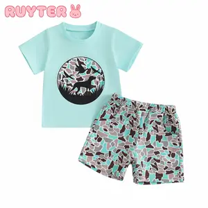 Baby Boy Summer Outfit 2 Piece Set Toddler Short Sleeve Top with Bird Print Camo Elastic Waist Shorts Matching Newborn Clothes