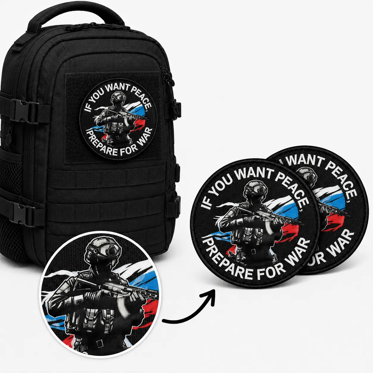 2pcs 3.35in Punk-Inspired Tactical Morale Velcro Patches - Bold "If You Want Peace" Print, Tactical Humor, Velcro Back Hook & Iron-On Loop, Sewing Accessory for Jackets, Gear Bags, Sohochic Patch Set (2 pieces included), Two Pieces