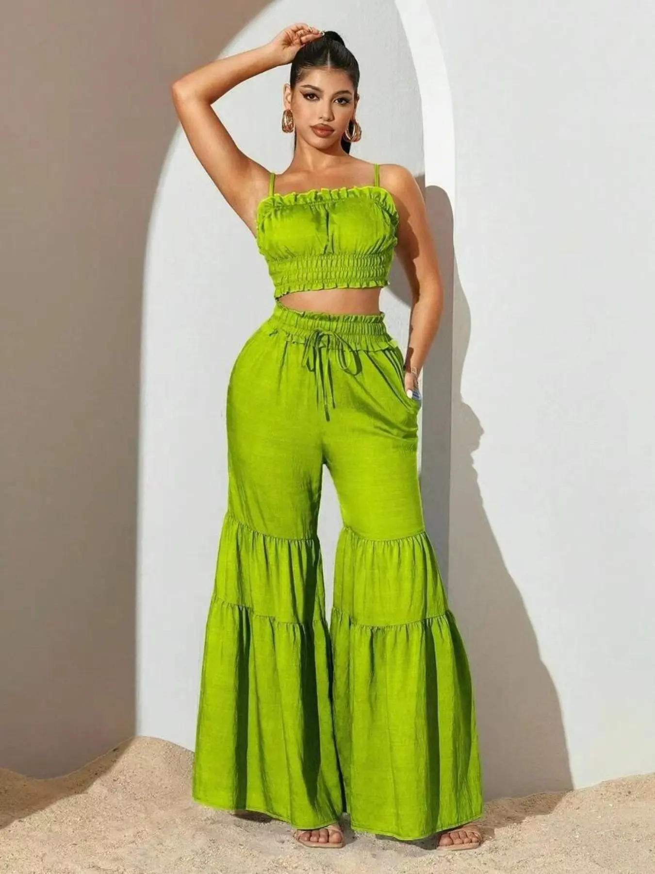 Women's Solid Color Ruffle Halter Sleeveless Top with Wide Leg Pants Set, Summer Casual, Holiday Beachwear, Two-Piece Set, Plain Pants Set, Frilled Pants Set
