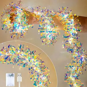 Christmas Garland with Lights, 2 Pack 16.4FT Iridescent Tinsel Garlands  Operated & USB, Shiny Foil Garland Christmas Decor, Garland for Staircase Indoor Outdoor Birthday Holiday Party Supplies