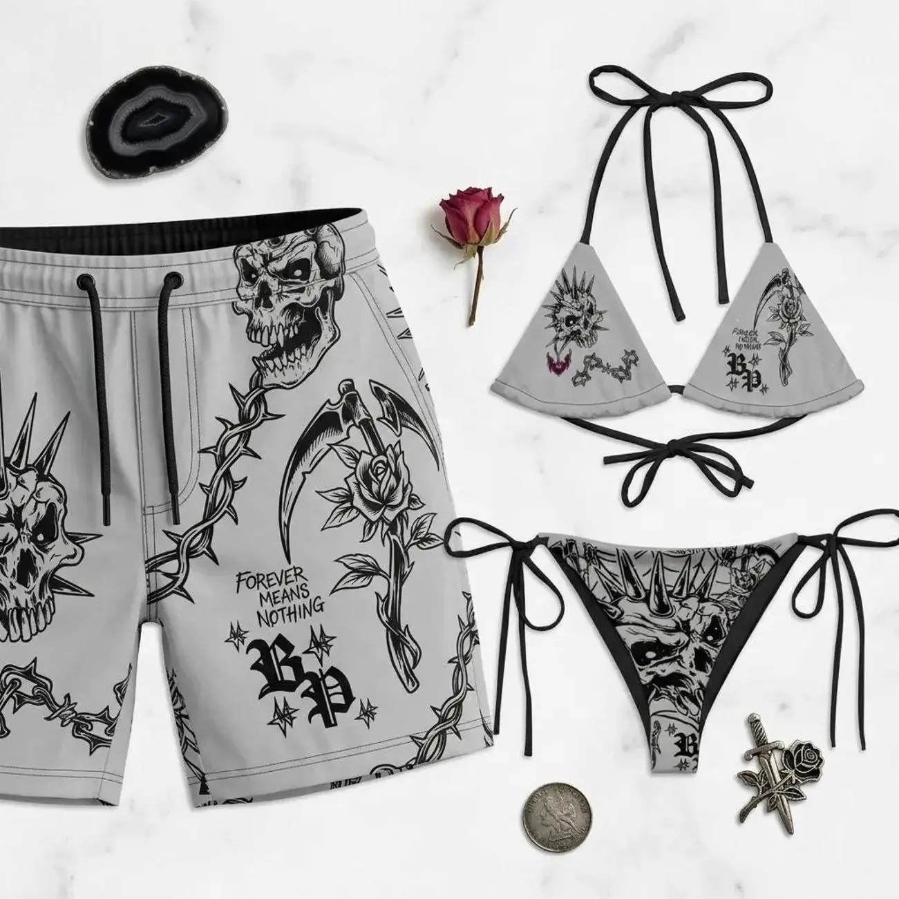 Matching Couple Y2K Scene Rave Rainbow Bikini & Swim Trunks Custom Cyber Graphic Swimsuit Set, Emo Alternative Festival Beachwear, Summer Pool Party Outfit