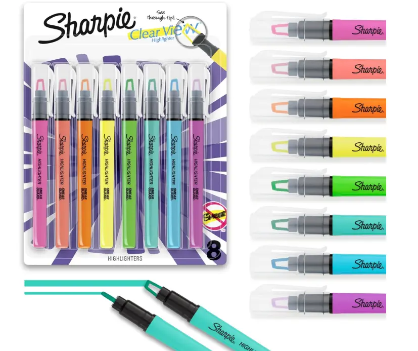 Sharpie Clear View Highlighter Sticks, Chisel Tip Highlighter Market Set, Essential School & Teacher Supplies, Smear Resistant, Assorted Color Highlighters, 8-Pack