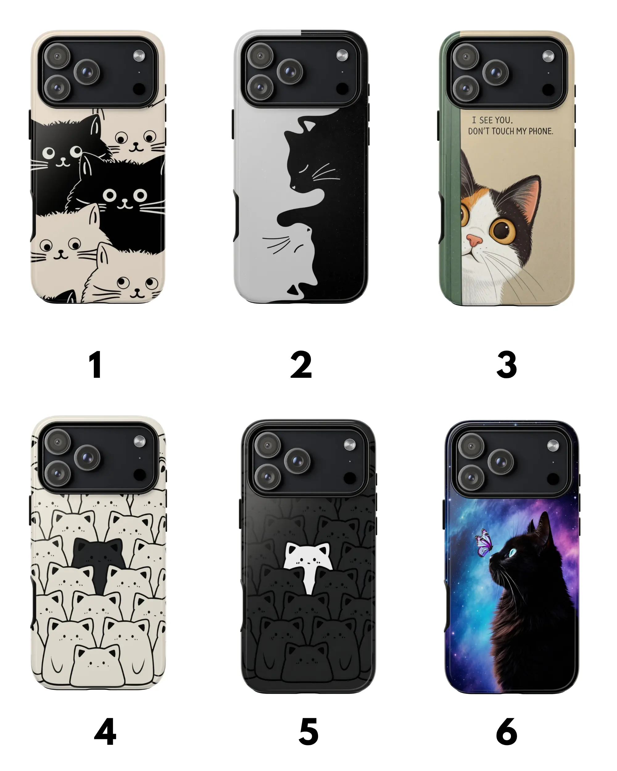 Cute Cat Lover Tough Phone Case | Heavy Duty Shockproof Black Cat Cover  | 6 Aesthetic Styles Designs For iPhone 11-17 & Samsung S22-S26 Series