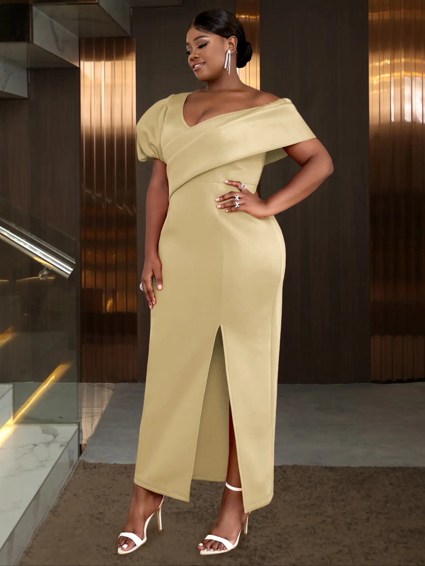 plus size sexy party dress Plus-Size Glitter Gown w/ Cowl Neck, Sensual Bodice, Mermaid Silhouette, Leg Slit & Elegant Curve