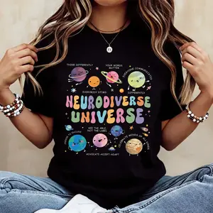 Neurodiverse Universe Graphic T-Shirt SPED Teacher Autism Acceptance Month Groovy Space Planets Mental Health Advocate Inclusive Short Sleeve Tee