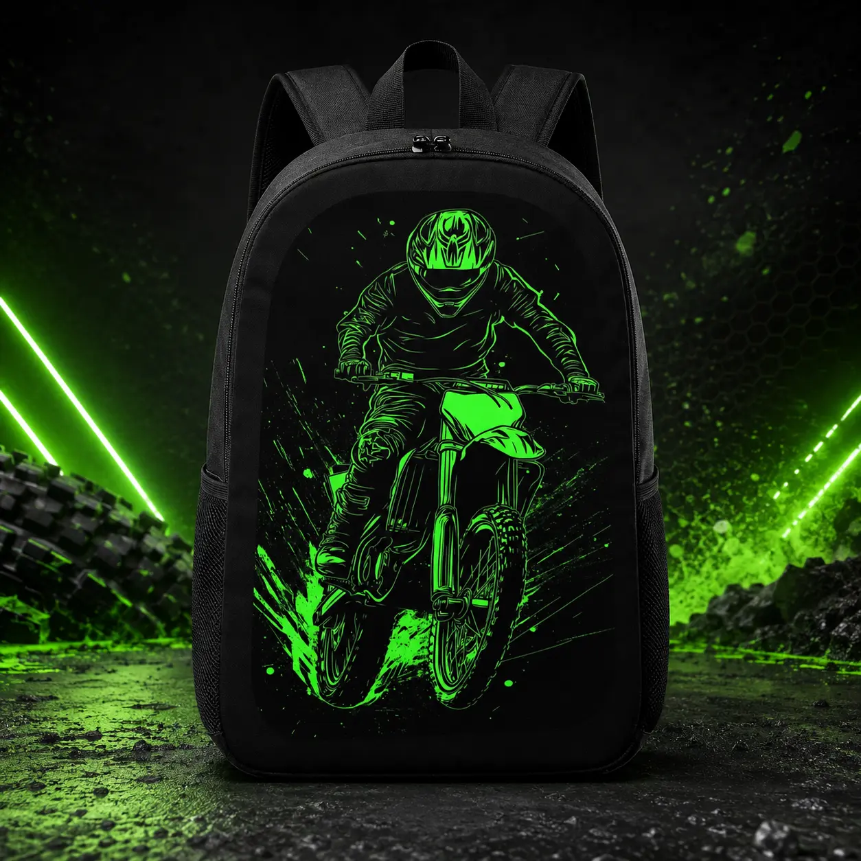 Green Motocross Rider Backpack, Dirt Bike Graphic Black School Bag, Teens & Motorcycle Fans