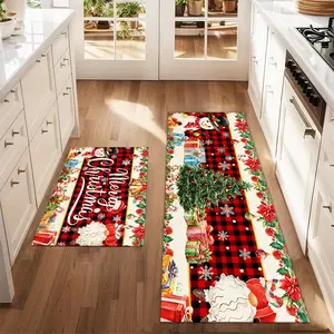 2Pcs Christmas Snowman Christmas Tree Grid Floor Mat Set Farmhouse Kitchen Rug Dining Room Flooring Laundry Room Decor Carpet Mat Rug Sets