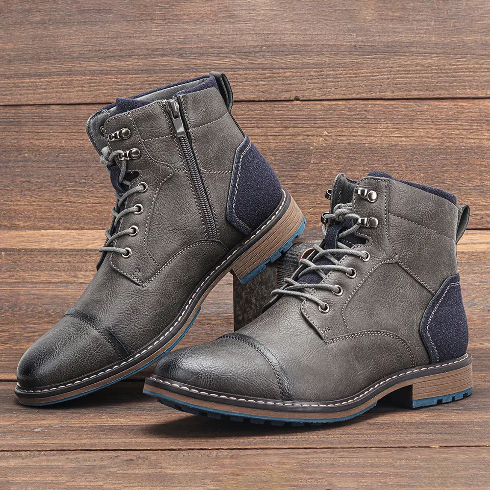 Men's 2025 Brand Leather Ankle Boots - Waterproof, Round Toe, Comfortable, Casual, Retro, Vintage Stitching, Classic Grey Closed Work Men's Shoes