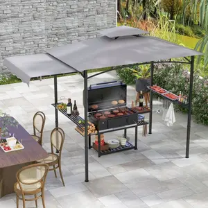 10.5 x 5 FT Grill Gazebo with Side Awning Double-Tiered Top Grey Polyester Fabric Metal Frame Easy Install 8 Ground Stakes