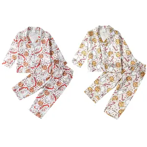 Kids Toddler Girl Boy Christmas Two Piece Pajamas Set Santa Claus Cookie Satin Pajamas Top with Pants Xmas Sleepwear