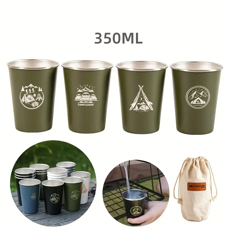 Camp Kitchen 4pcs 304 Stainless Steel Camping Cups with Scenic Designs - 11.83oz Outdoor Coffee, Beer, and Wine Cups for Camping, Hiking, and BBQ - Rustproof and Durable, Camping Accessories