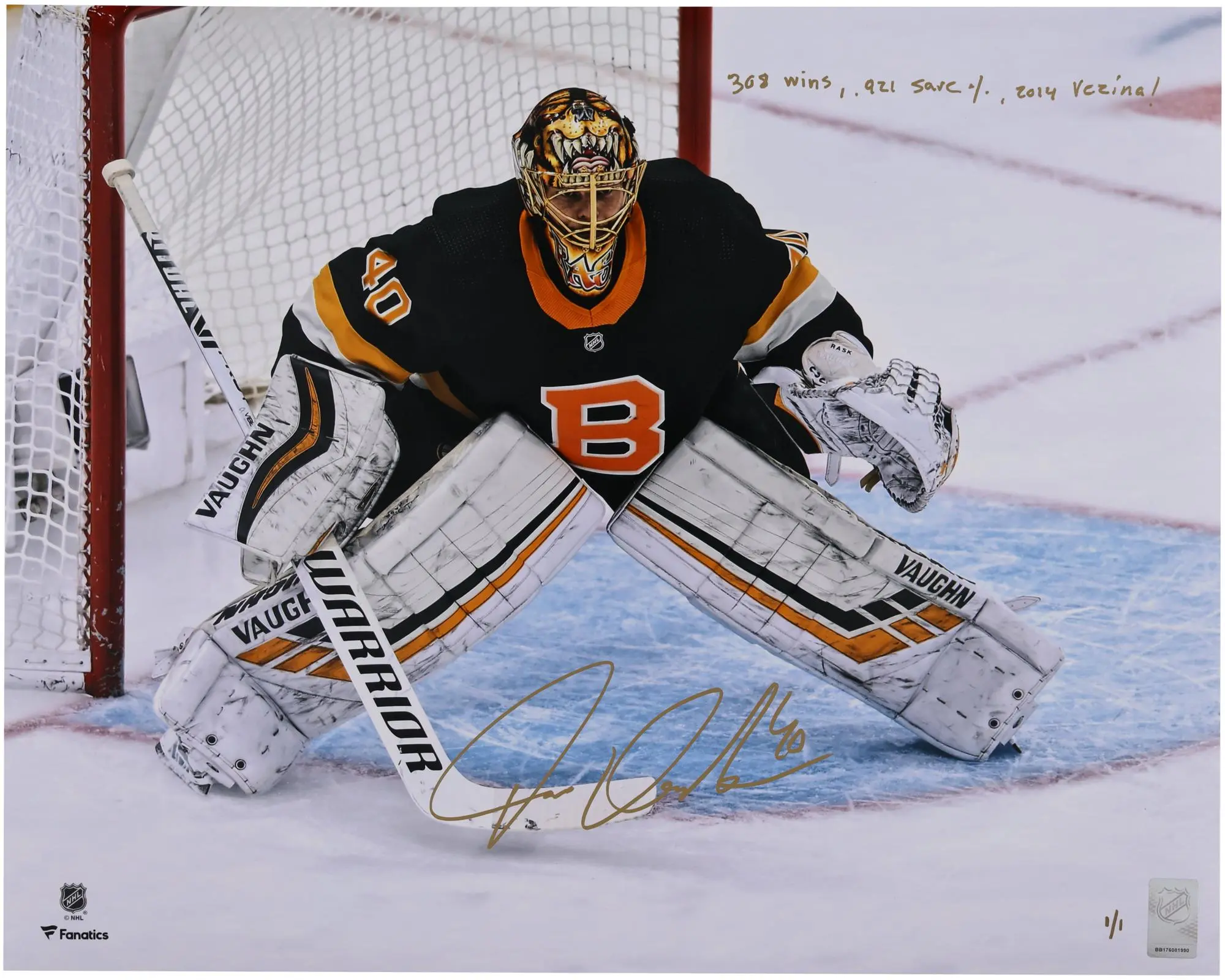 Tuukka Rask Boston Bruins Autographed 16" x 20" Black Alternate Jersey in Net Photograph with Multiple Inscriptions - Signed in Gold - Limited Edition 1 of 1 - Fanatics Authentic Certified