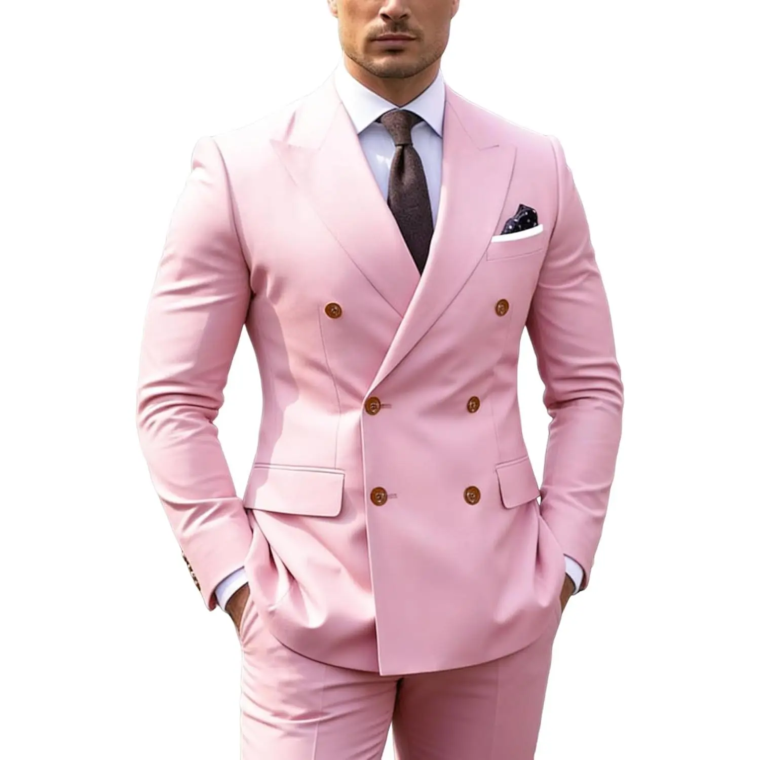 Men's Slim Fit 2-Piece Polyester Silky Suit - Double Breasted Sports Jacket & Pants Set, Formal Wear for Business & Wedding, Casual Complement to Loafers, Menswear, Stylish, Soft, Fabric, Turtleneck, Shoulder Pad, Personal Style