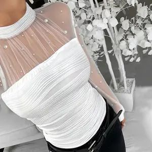 ChicMe Pearls Decor High Neck Sheer Mesh Spliced Ruched Tee Hollow-out Back Slim Fit Textured Top