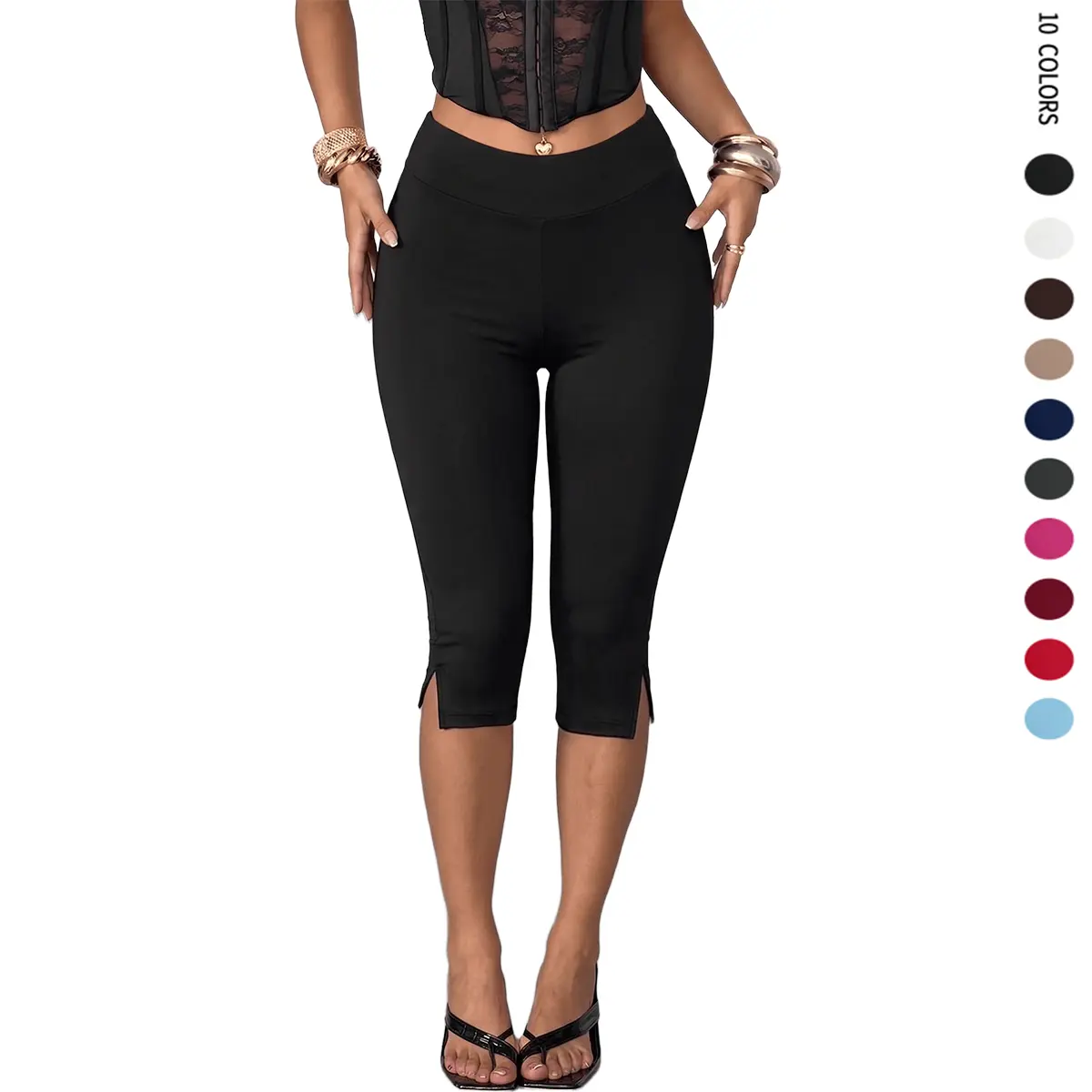 ASANDY Women's High-Waist Capri Leggings, Stylish Opaque Pants with Split Hem and Tummy Control for Yoga & Biking, Fashion Apparel, Capris, Stylish Women's Wear, Female Stylish Clothes, Spandex
