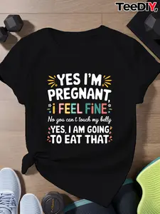 Women'S "YES I'M PREGNANT" Graphic T-Shirt - Humorous Maternity Top Colorful Geometric Print Soft And Breathable Fabric Machine Washable Casual Short Sleeve Fashionable Outfit for Expectant Mothers Lightweight Material
