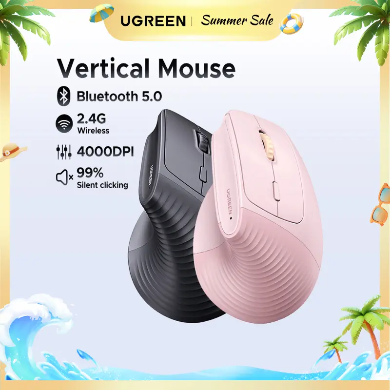 UGREEN Vertical Mouse Bluetooth 5.0 & 2.4G Wireless Ergonomic Mouse with 5 Buttons, 4000 DPI, Balck & Pink Ergonomic Mouse Compatible with PC/Laptop，Only 2.4G Model(Bluetooth not supported),Summer Sale