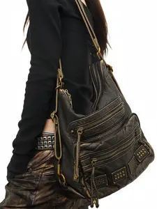 Vintage Rivet Women's Handbag, Large Capacity Shoulder Bag, Multiple Zipper Compartments, Hardware, Detachable Straps, Casual Handbag Satchel