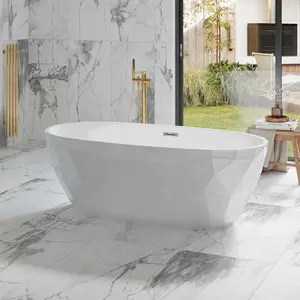 67/59 Inch Freestanding Acrylic Bathtub, Diamond-Look Glossy Finish All White Luxury Soaking Tub, Modern Deep Soak Design with Chrome Pop-Up & Overflow Drain for Bathrooms - SummerVibes