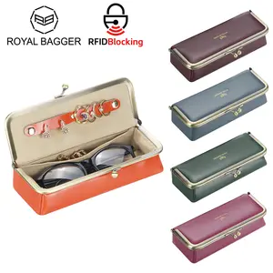 Royal Bagger Genuine Leather RFID Blocking Fashion Glasses Case, Pencil Bag with Kiss Lock, Organizer for Rings, Necklaces & Earrings for Women 3135