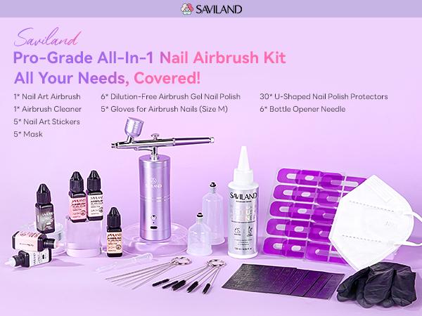 SAVILAND 7-in-1 Airbrush Nail Set: 6 Pink Gel Colors with Airbrush Machine, Cleaner, Stencils & Protection Tools, Complete Kit for Quick and Easy Nail Art