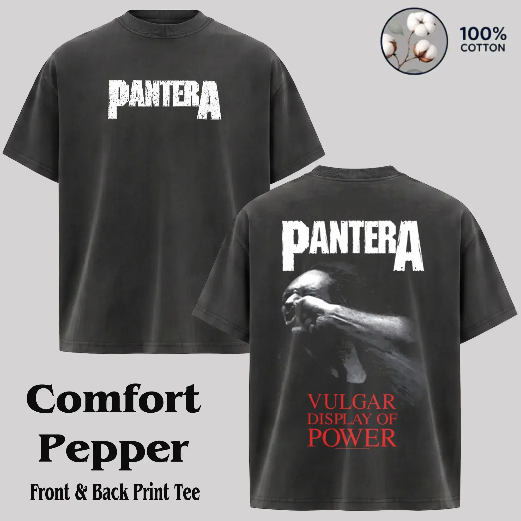 Pantera Band T-Shirt, Vulgar Display Of Power Graphic Tee, Vintage Washed 100% Cotton, 90s Grunge Rock Band Merch, Short-Sleeve Fashion, Tshirt Menswear, Breathable, Shortsleeve, Streetwear, Tops, Casual, Fabric, Print, Grunge Aesthetic, Outdoor, Classic,