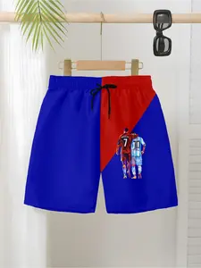 Summer Boys' Quick-Dry Beach Shorts, Blue Colorblock Football Star Print, Size 7-10, Casual Fitted Swimwear for Kids