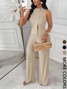 2-Piece Women's Textured Matching Set, Sleeveless Crew Neck Button-Front Top + Wide-Leg Pants, Solid Beige Design, Chic Sophisticated Style, Womenswear, Clothes