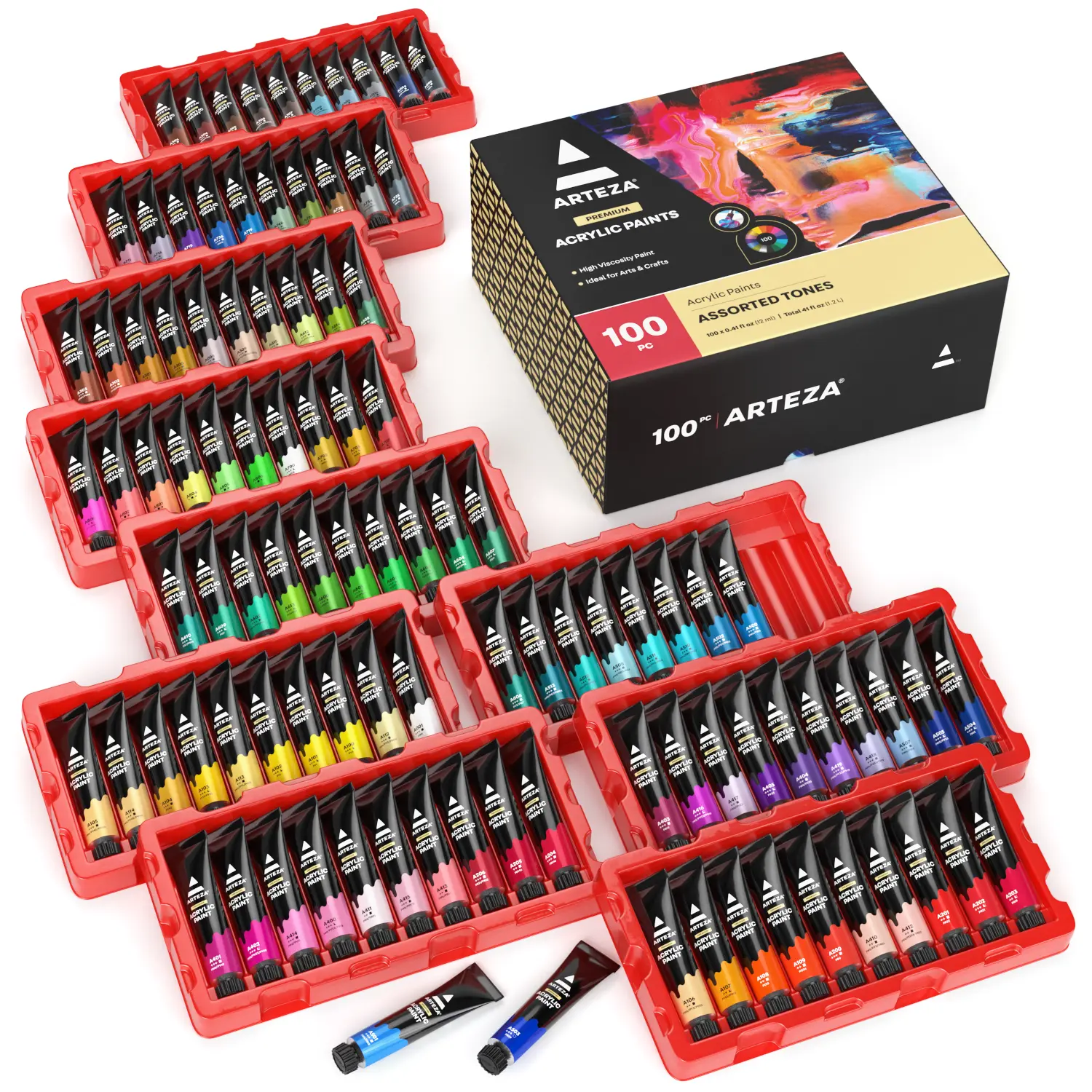 Arteza Acrylic Paint Set - 100pc 12ml Portable Tubes, DIY Painting Supplies, Art School Supplies, Arts Crafts Stationery, Model ARTZ-4512