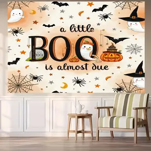 2D Flat, "A Little Boo Is Almost Due" Wall Hanging Tapestry - Footprints &  Decor, Horizontal/Vertical Hanging with Kit, No Installation Needed, Cute Ghosts & Owls Design Room, Christmas Halloween, Tapestries, Tapestry Wall Hanging