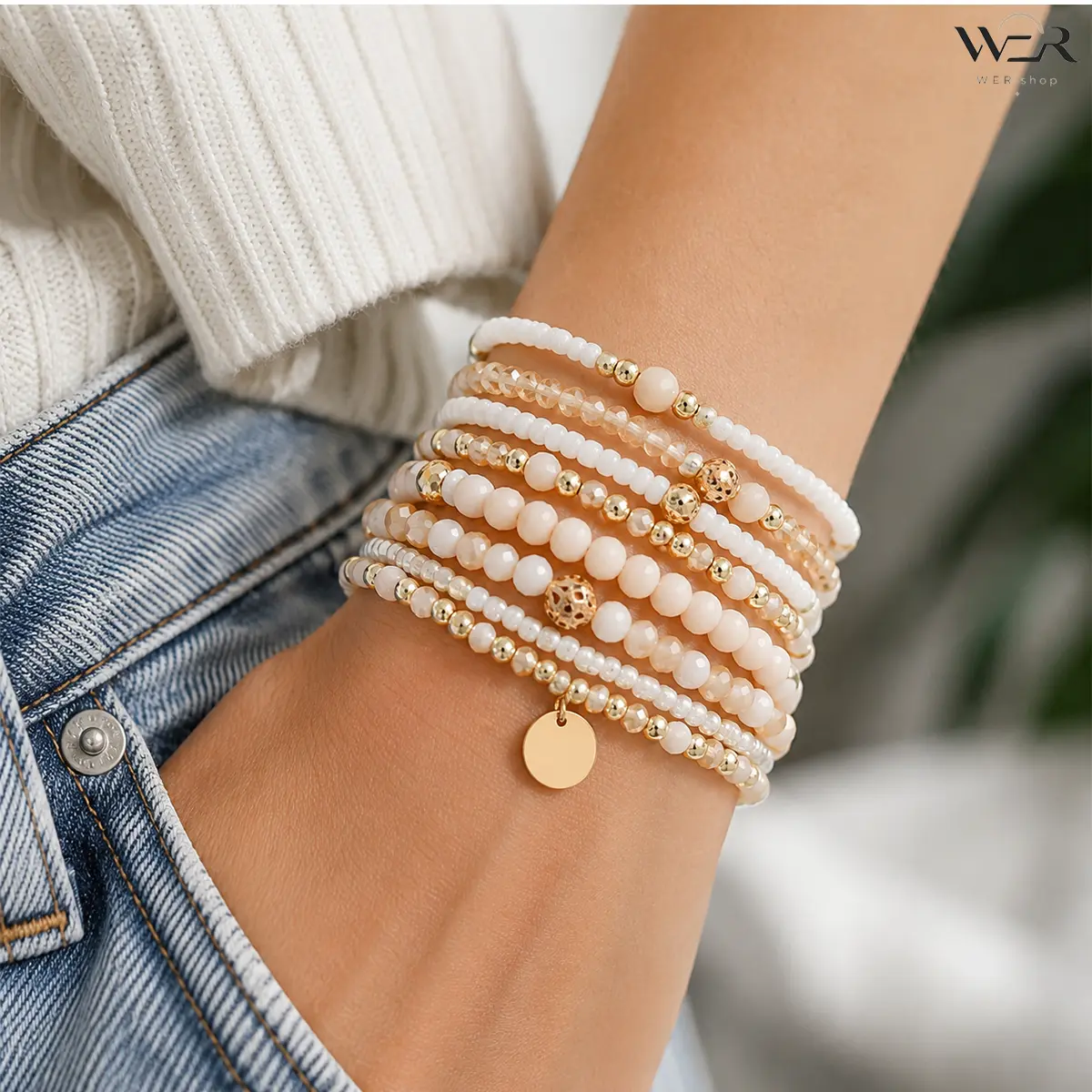 Stackable Stretch Bracelet Set for Women, Modern Boho Bead Bracelets with Blush Pink Matte Stone, White Seed Beads & Gold Disc Charm, 6Cm, Daily Wear, Stretch Fit, Female, Elegant, Seed Pearls Bracelets & Bangles