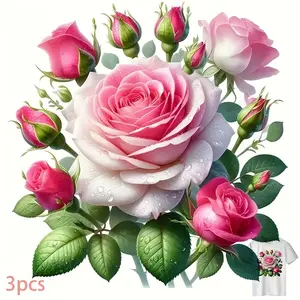 3pc High-Quality Rose Flower Print Transfer Stickers, Heat-Resistant & Durable Fabric Decals, Ideal for DIY Crafts & Projects & Clothing Decorations