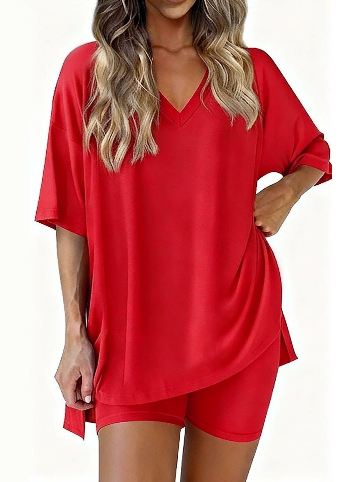 Women's 2 Piece Lounge Sets - Oversized V Neck T-Shirts & Biker Shorts, Casual Reversible Tracksuit, Lightweight Cozy Pjs for Summer Women's 2 Piece Lounge Sets - Oversized V Neck T-Shirts & Biker Shorts, Casual Reversible Tracksuit, Lightweight Cozy Pjs for Summer