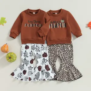 Toddler Baby Girls 2pcs Halloween Outfits Set Mama's Pumpkin Long Sleeve Sweatshirt Tops and Leopard/Pumpkin Print Flare Pants Set Cute Clothes