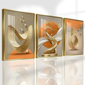 3 Counts Aluminum Alloy Framed Painting, Modern Abstract Golden Sculptural Art Pictures, Home Decoration For Living Room, Bedroom, Office, Restaurant, Hallway Wall Decor, Odorless Print Artwork, Luxury Perfect Gift For Friends And Family