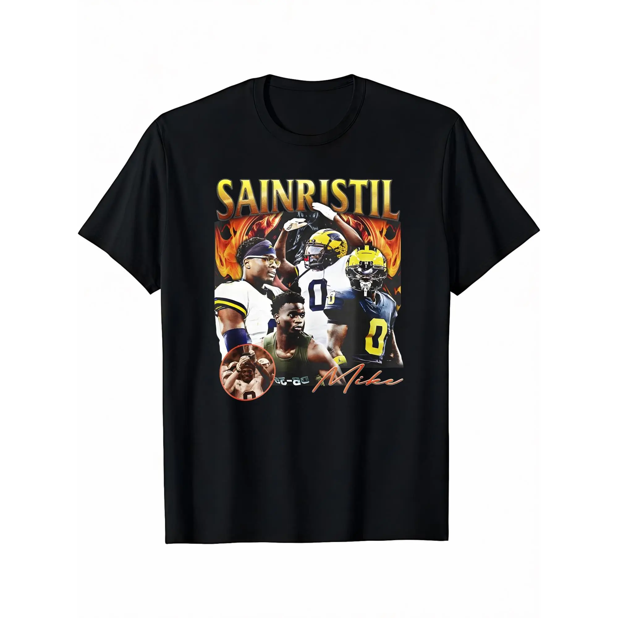 Men's Mike Sainristil Graphic T-Shirt - 100% Cotton Short-Sleeve Crew Neck Sportswear Tops, Casual College Football Jersey-Style Fan Apparel Gift, Round Neck, Chic, Preppy, Korean