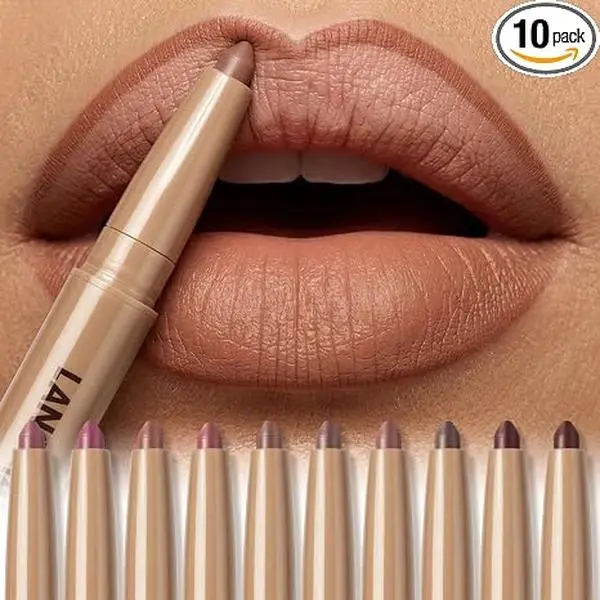 Dual-Ended Lip Liner Set with Silicone Blender | Precision tip outlines lips; angled silicone blends evenly. Creamy matte, waterproof, long-wearing neutrals for daily makeup.