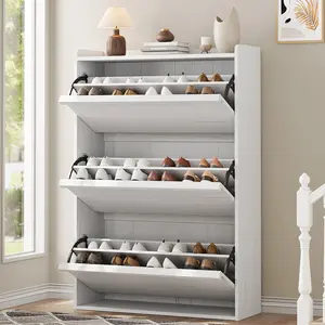 Modern Shoe Cabinet with 3 Flip Drawers and Adjustable Shelves, Wooden Shoe Organizer for Entryway, Hallway, Living Room, Available in White and Natural Finishes, Hidden Storage Design
