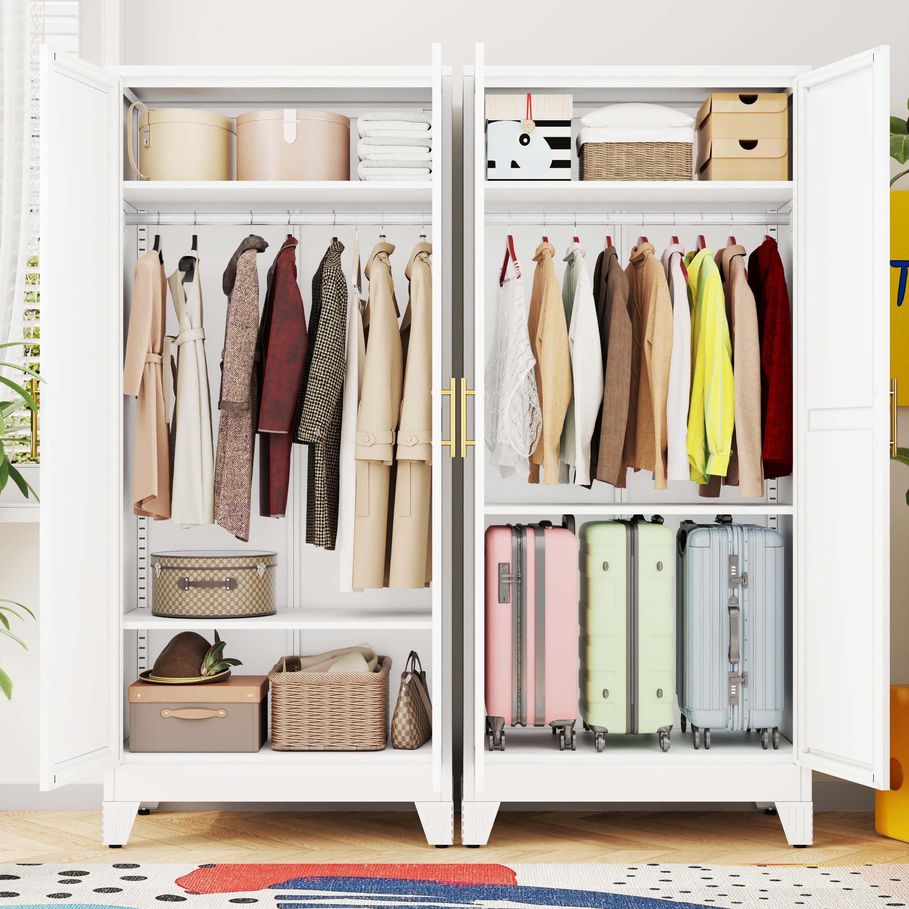 Metal Armoire Wardrobe Closet with 2 Doors, Freestanding Bedroom Clothing Storage Cabinet with Adjustable Shelves & Hanging Rod